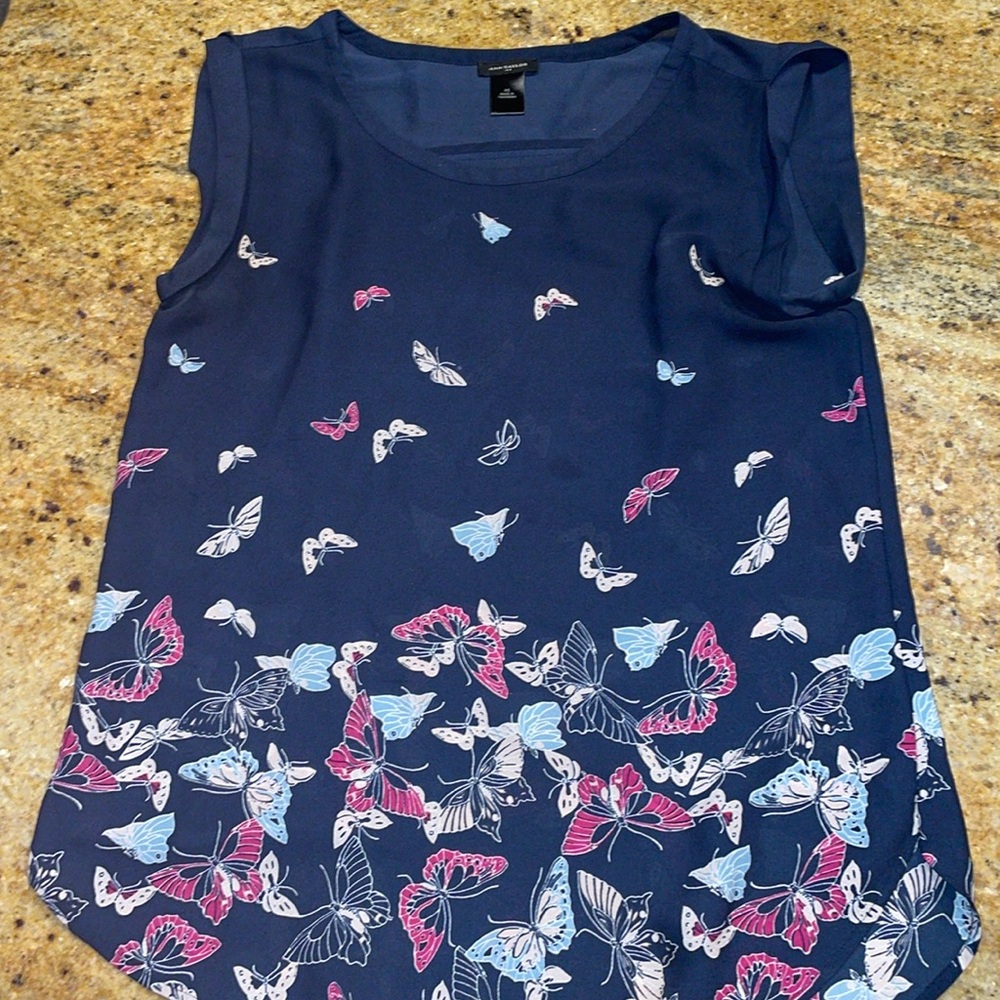 Ann Taylor Butterfly Top shirt blouse navy blue round neckline size XS